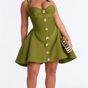 Fashion Nova Olive Green Corset Skater Dress with Gold Studs